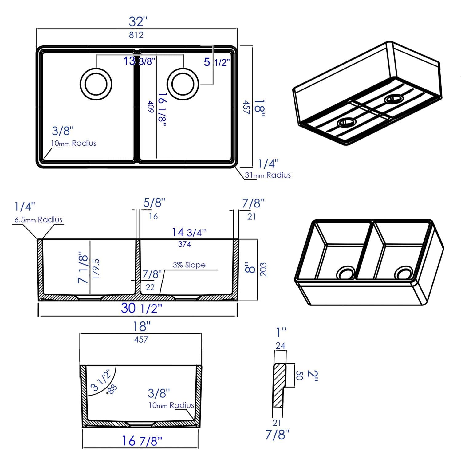 ALFI brand AB512 32-Inch Double Bowl Fireclay Farmhouse Kitchen Sink with 1 3/4-Inch Lip, White