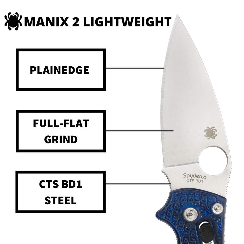 Spyderco Manix 2 Lightweight Signature Knife with 3.37" CTS BD1 Steel Blade and Translucent Blue FRCP Handle - PlainEdge - C101PBL2