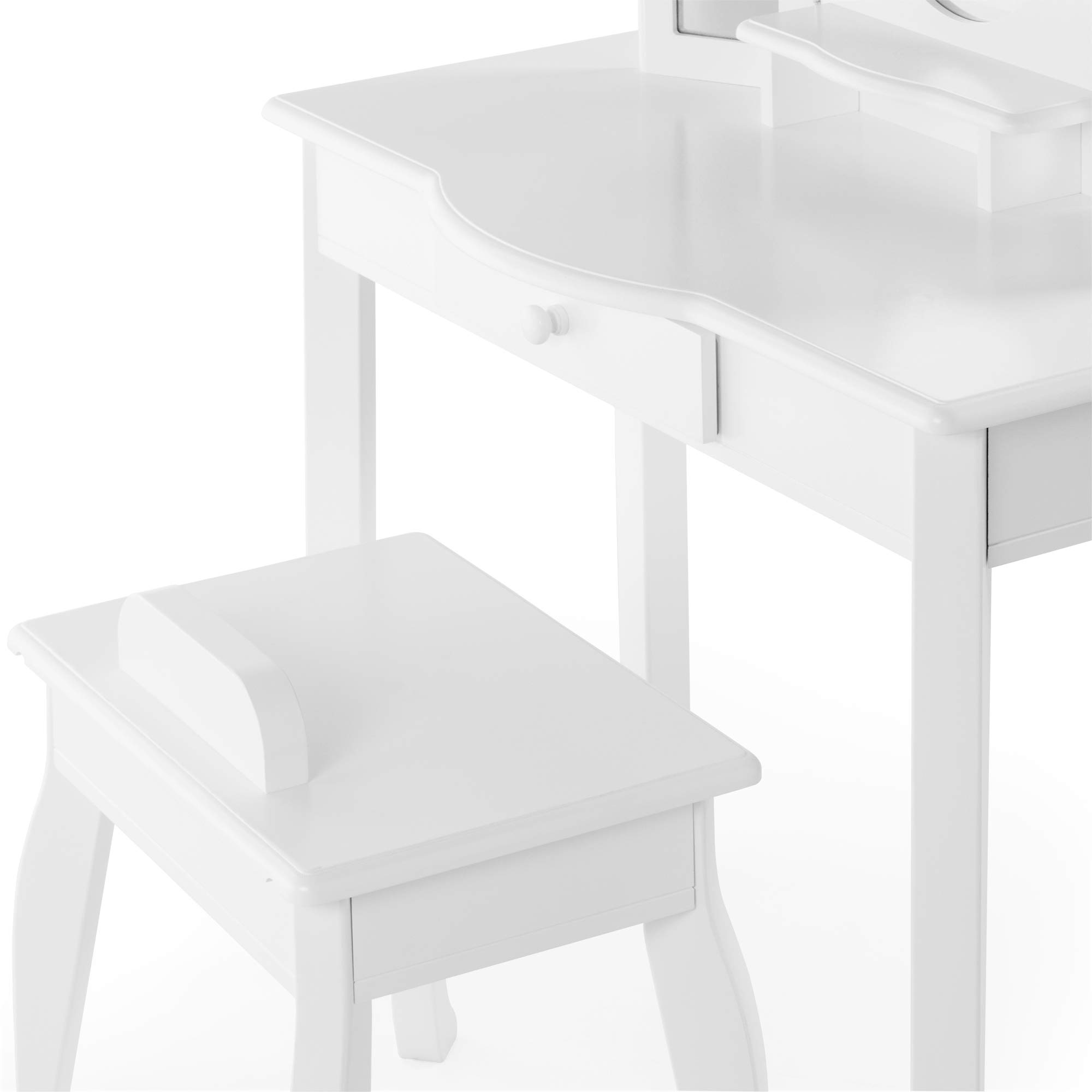 Guidecraft Classic White Vanity and Stool Set for Kids Age 3-8, Pretend Play Vanity with Mirrors for Girls, Wooden Makeup Table with Storage Drawer