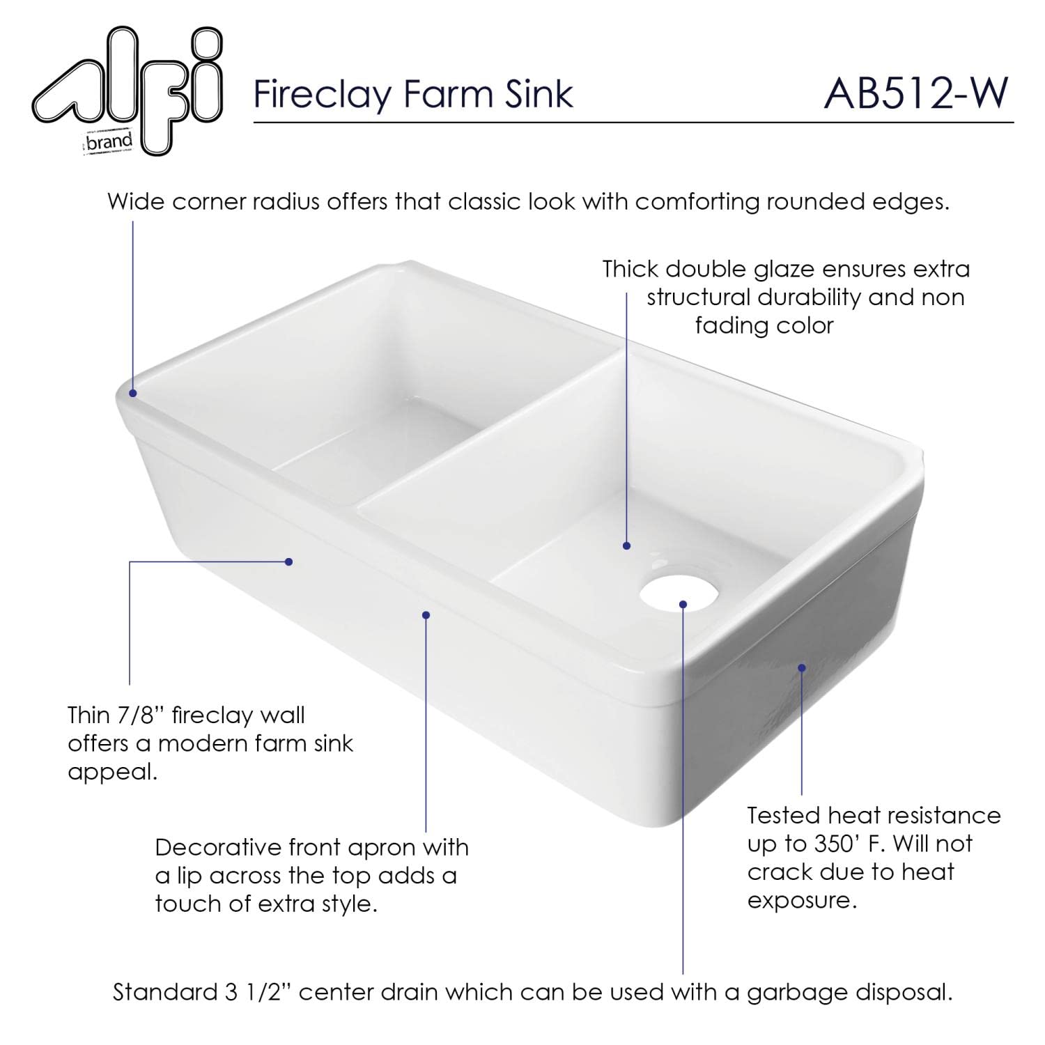 ALFI brand AB512 32-Inch Double Bowl Fireclay Farmhouse Kitchen Sink with 1 3/4-Inch Lip, White