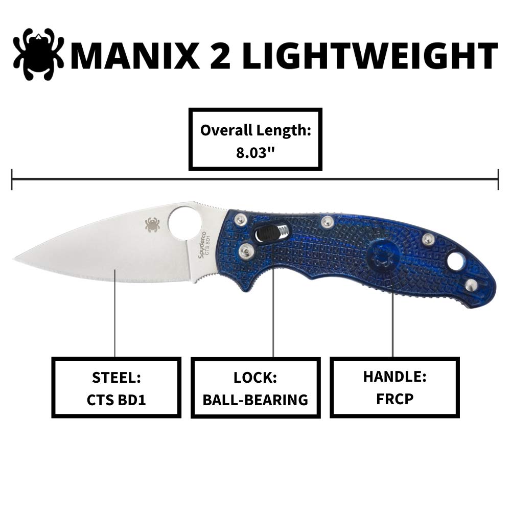 Spyderco Manix 2 Lightweight Signature Knife with 3.37" CTS BD1 Steel Blade and Translucent Blue FRCP Handle - PlainEdge - C101PBL2