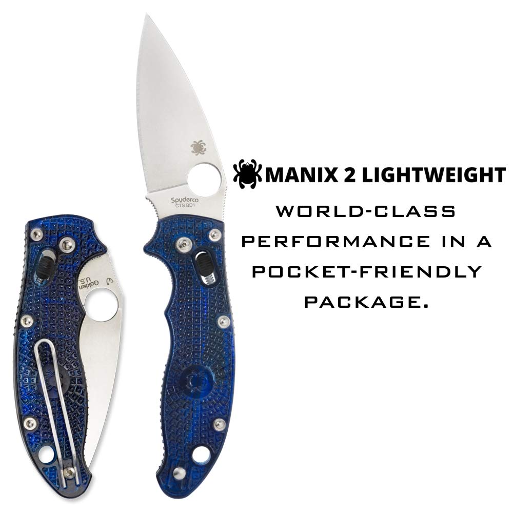 Spyderco Manix 2 Lightweight Signature Knife with 3.37" CTS BD1 Steel Blade and Translucent Blue FRCP Handle - PlainEdge - C101PBL2