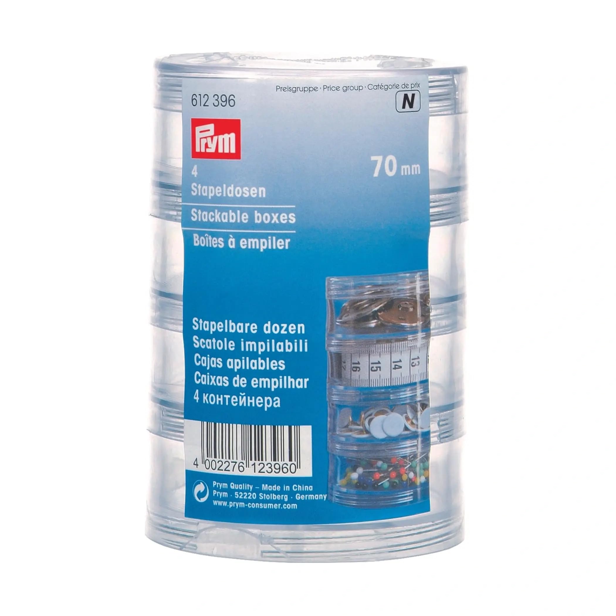 Prym Stackable Boxes, Clear, 4 Compartments Sewing Storage, Ø 70 mm, Transpartent