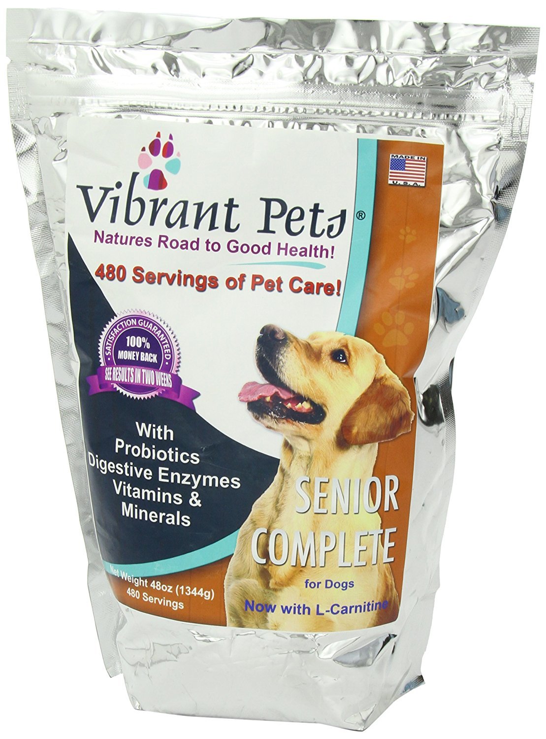 Vibrant Pets Senior Complete Dog Immune System Supplement | Older Dog Muscle and Joint Supplement with Probiotics & Enzymes for Digestion | Nutrient-Rich Skin & Coat Immune Booster Powder 48oz