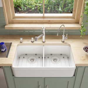 ALFI brand AB512 32-Inch Double Bowl Fireclay Farmhouse Kitchen Sink with 1 3/4-Inch Lip, White