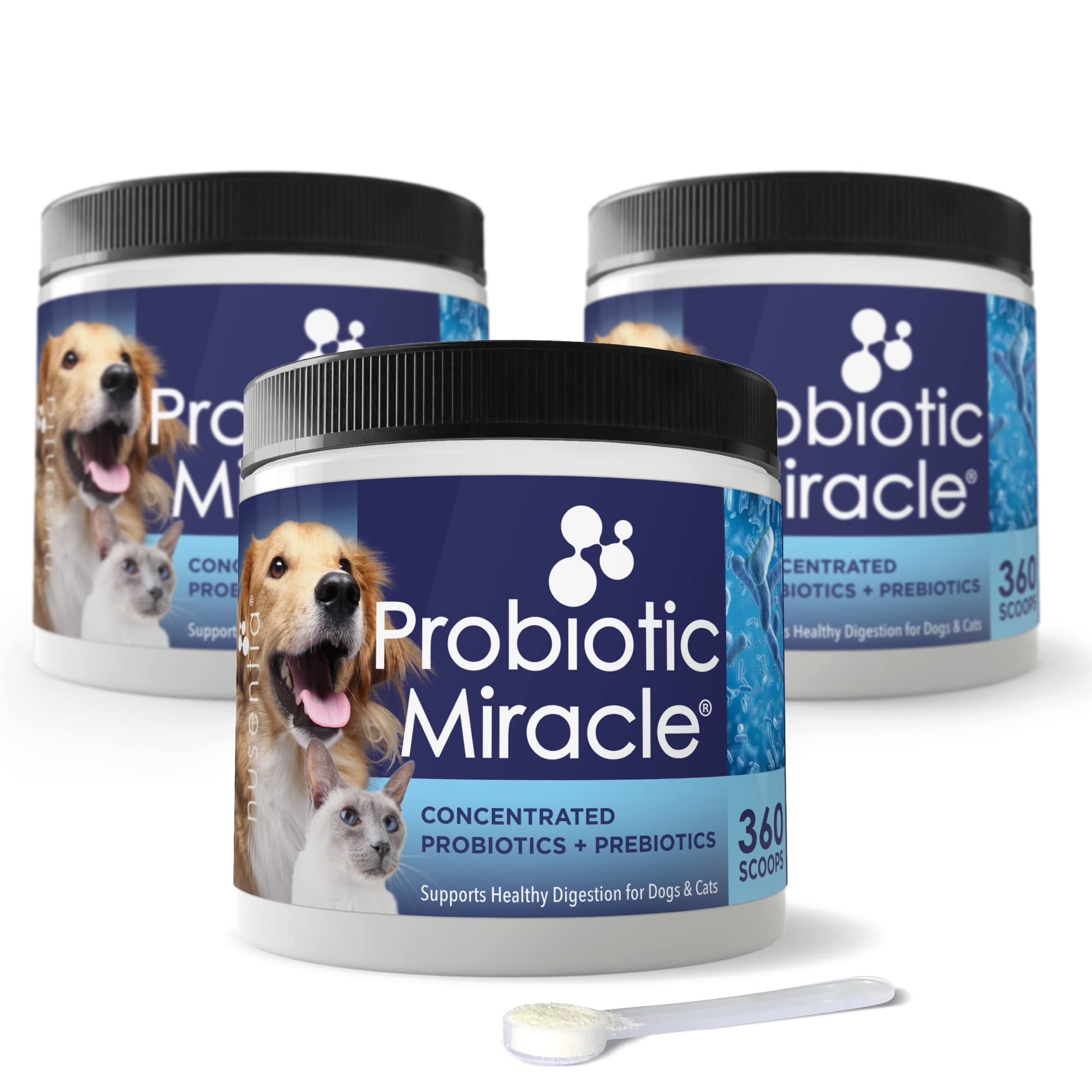 NUSENTIA Probiotic Miracle for Dogs and Cats (3 Bundle) Save $13. Eliminate Diarrhea, Constipation, Loose Stool, Yeast and More. Made in USA. GMP Certified