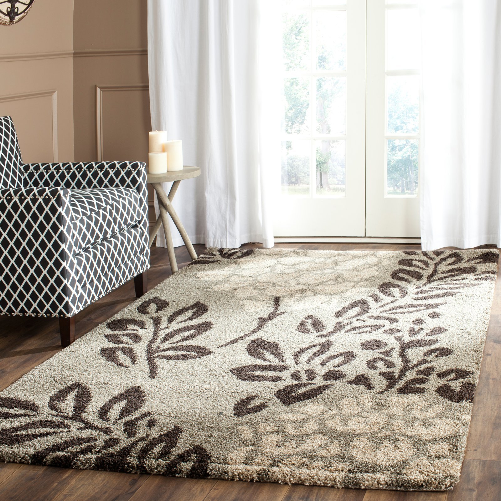 SAFAVIEH Florida Shag Collection Area Rug - 8' x 10', Smoke & Dark Brown, Floral Design, Non-Shedding & Easy Care, 1.2-inch Thick Ideal for High Traffic Areas in Living Room, Bedroom (SG456-7928)