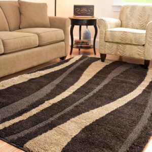 SAFAVIEH Florida Shag Collection Area Rug - 8' x 10', Cream & Dark Brown, Stripe Design, Non-Shedding & Easy Care, 1.2-inch Thick Ideal for High Traffic Areas in Living Room, Bedroom (SG451-1128)