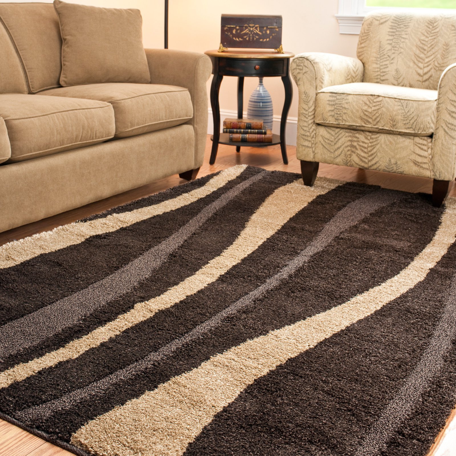 SAFAVIEH Florida Shag Collection Area Rug - 8' x 10', Cream & Dark Brown, Stripe Design, Non-Shedding & Easy Care, 1.2-inch Thick Ideal for High Traffic Areas in Living Room, Bedroom (SG451-1128)