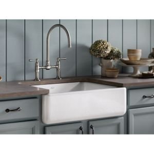 KOHLER 6488-FF Whitehaven 35.5" Undermount Single-Bowl Farmhouse Kitchen Sink, Enameled Cast Iron Apron-Front Kitchen Sink, Sea Salt