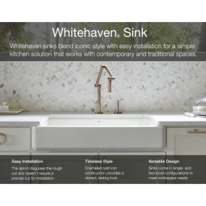 KOHLER 6488-FF Whitehaven 35.5" Undermount Single-Bowl Farmhouse Kitchen Sink, Enameled Cast Iron Apron-Front Kitchen Sink, Sea Salt