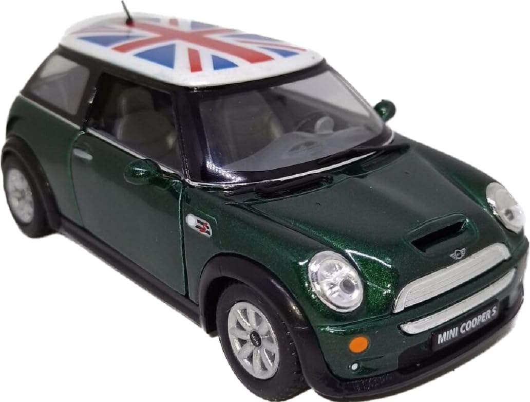 KiNSMART Mini Cooper S 5" 1:28 Scale Die Cast Metal Model Toy Car British Flag Green w/Pullback Action