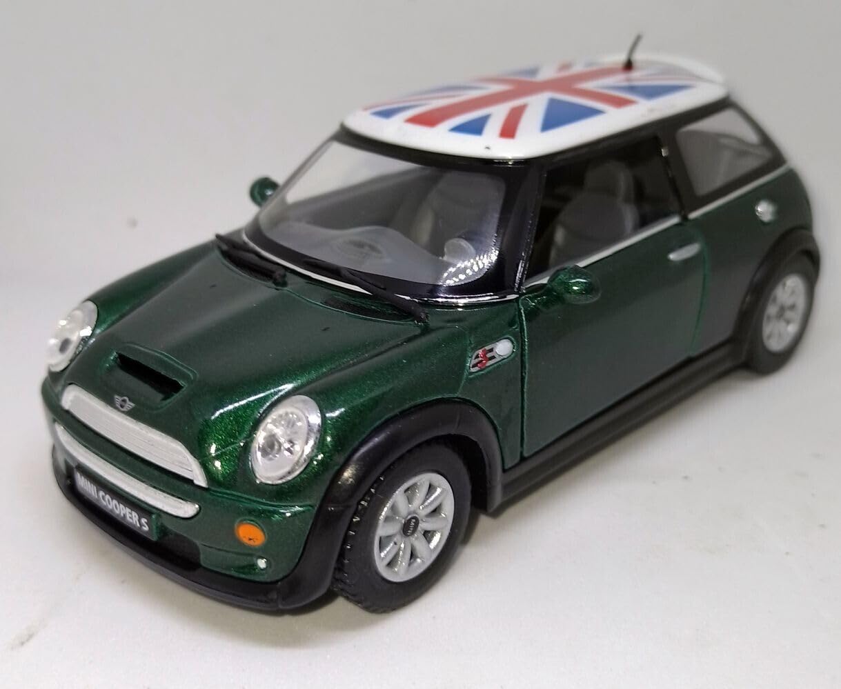 KiNSMART Mini Cooper S 5" 1:28 Scale Die Cast Metal Model Toy Car British Flag Green w/Pullback Action