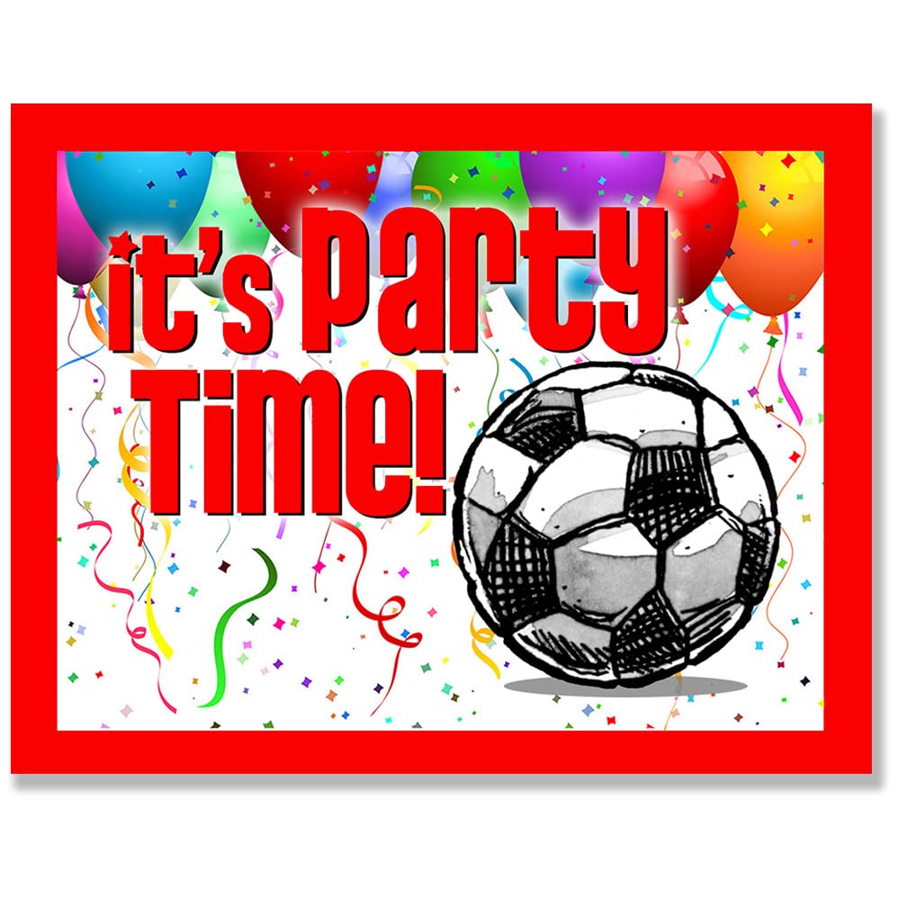 Soccer Party Invitations (Red, 4.25"x5.5") 12-PACK Postcard Party Invitation Stationery for players, coaches and fans birthday parties, team parties and special events!