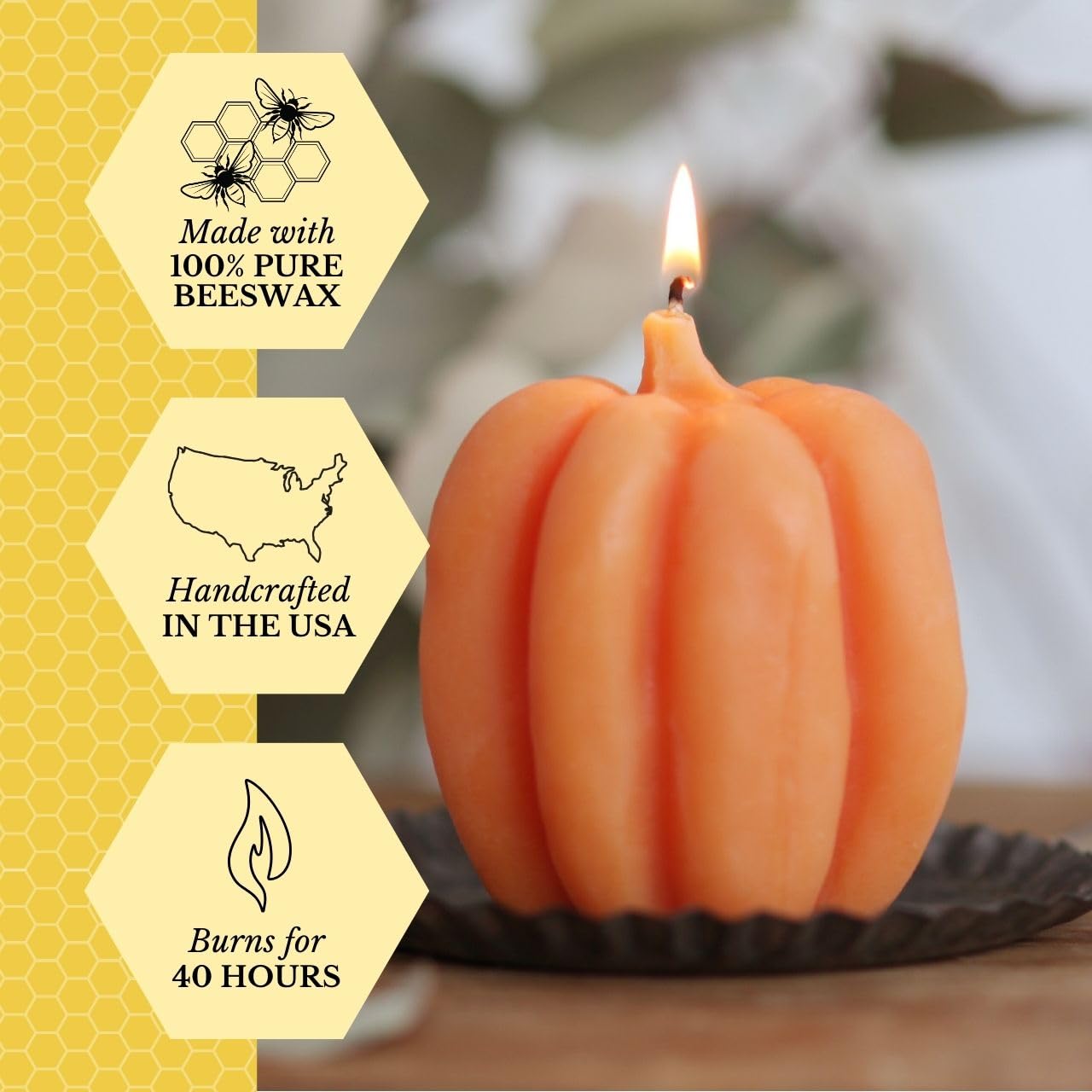 Big Dipper Wax Works Medium Light Orange Pumpkin Candle, 25-Hour Long Burn, Pure Beeswax Sculpted Candle, 3” x 3.25”, Fall Candle