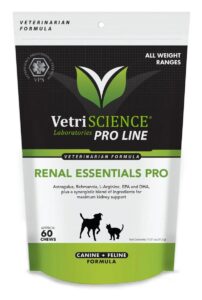 vetriscience renal essentials pro - balanced kidney supplement for dogs & cats - feline & canine renal wellness support - formula supports kidney health management for pets - 60 chews