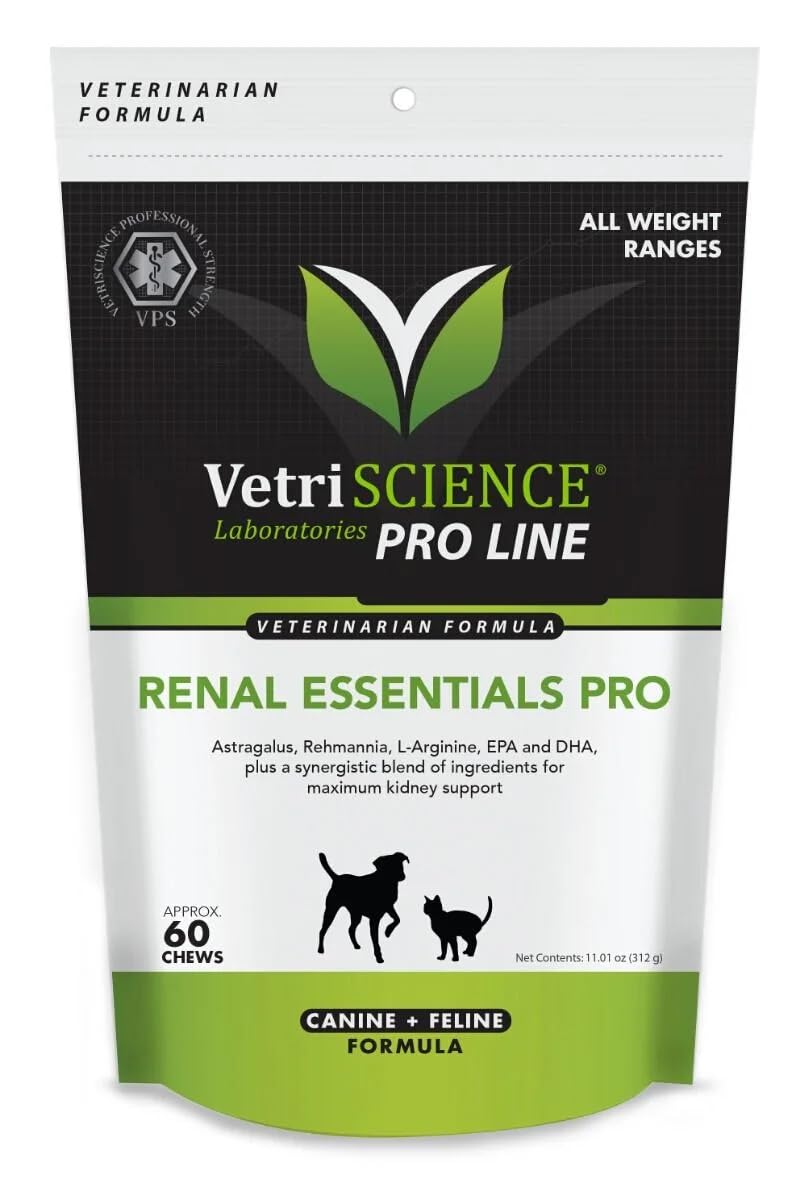 VetriScience Renal Essentials Pro - Balanced Kidney Supplement for Dogs & Cats - Feline & Canine Renal Wellness Support - Formula Supports Kidney Health Management for Pets - 60 Chews