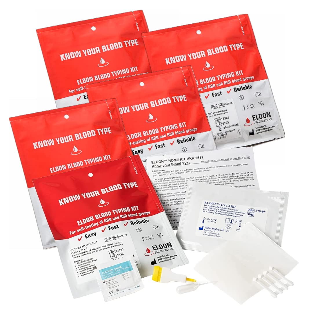 Eldoncard Blood Typing Kit, 5 Test Pack, Know Your Blood Type, Accurate Instant Home Testing, Determine A, O, B, Rhs-D Negative & Positive Groups