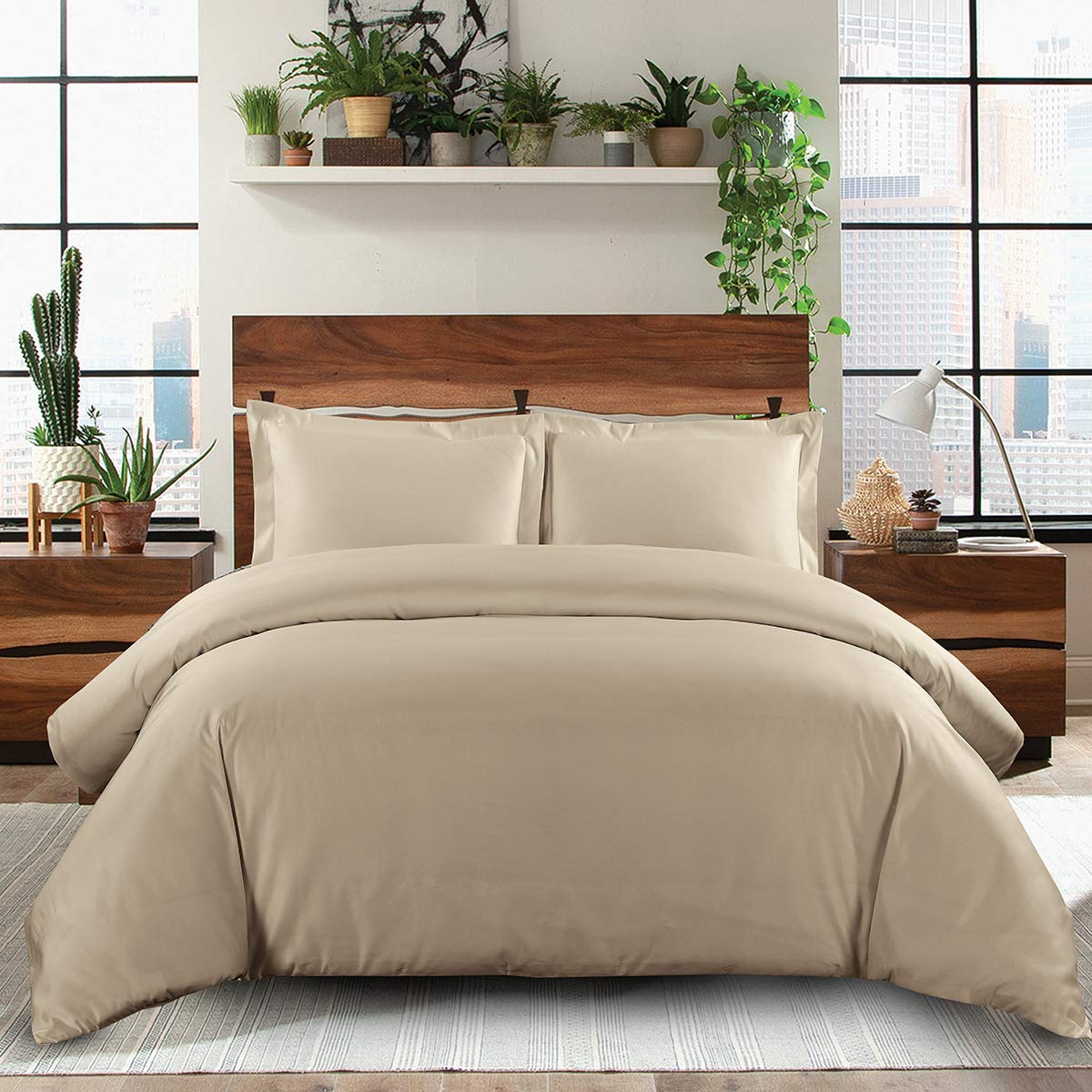 sheetsnthings Solid 600-Thread-Count, 100-Percent Cotton King-California King Duvet Cover Set with Buttons Enclosure, Beige