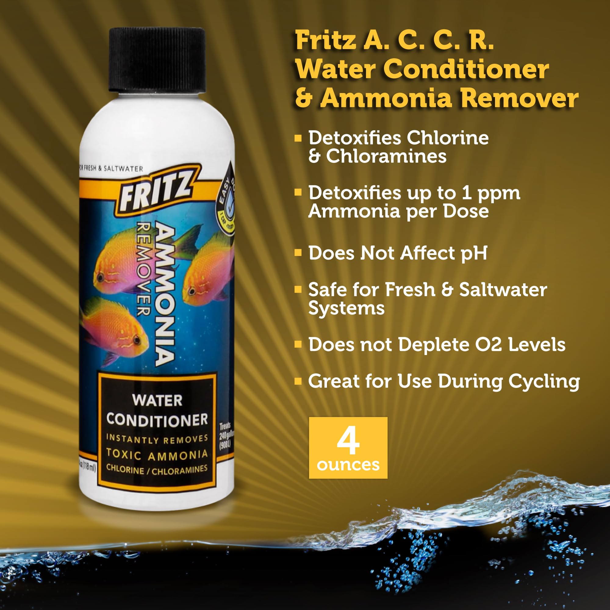 Fritz Aquatics ACCR Water Conditioner Instantly Removes Toxic Ammonia/Chlorine & Chloramines for Fresh & Salt Water Aquariums (4-Ounce)