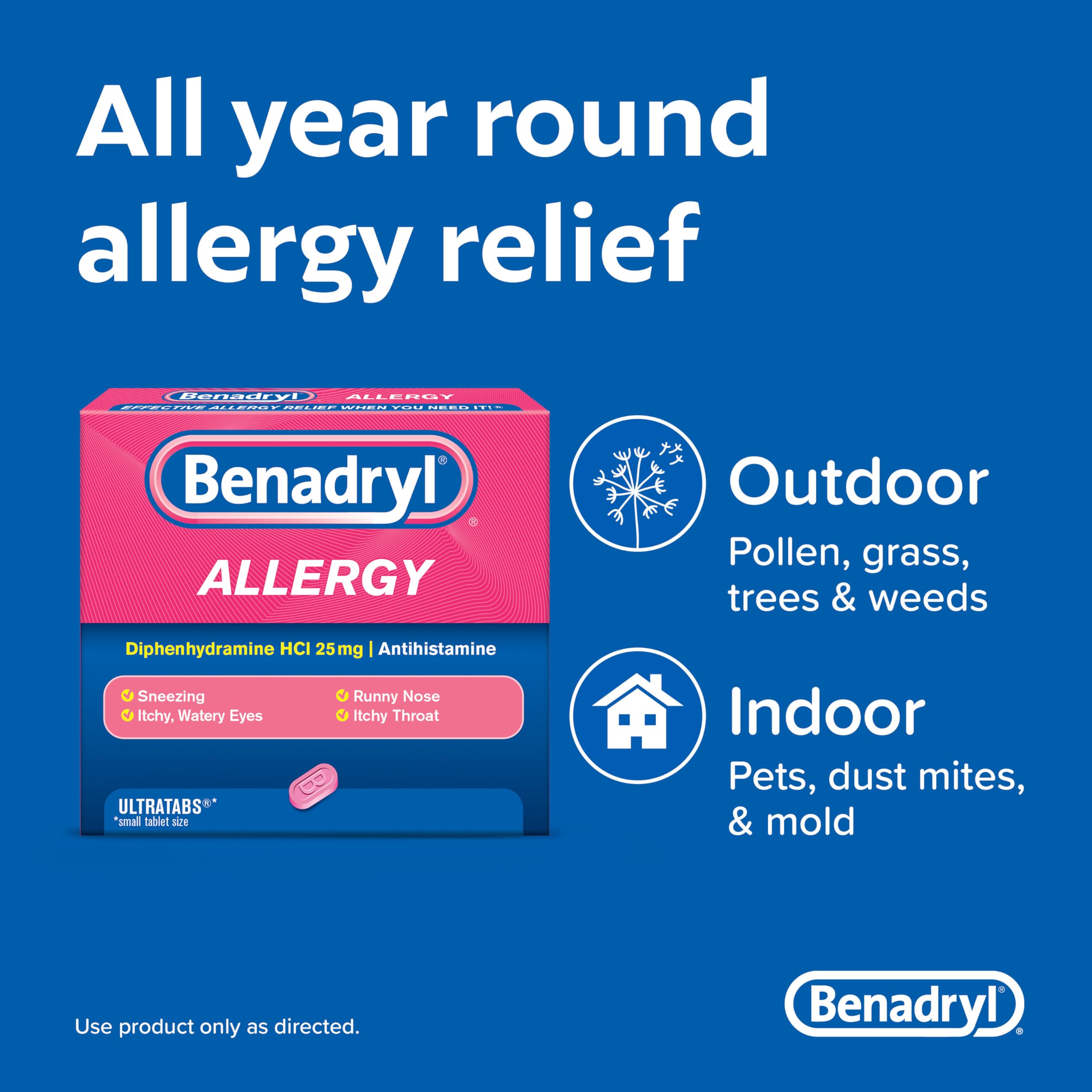 Benadryl Ultratabs Antihistamine Allergy Relief Tablets, Diphenhydramine HCl 25mg, 24 Count (Pack of 2)