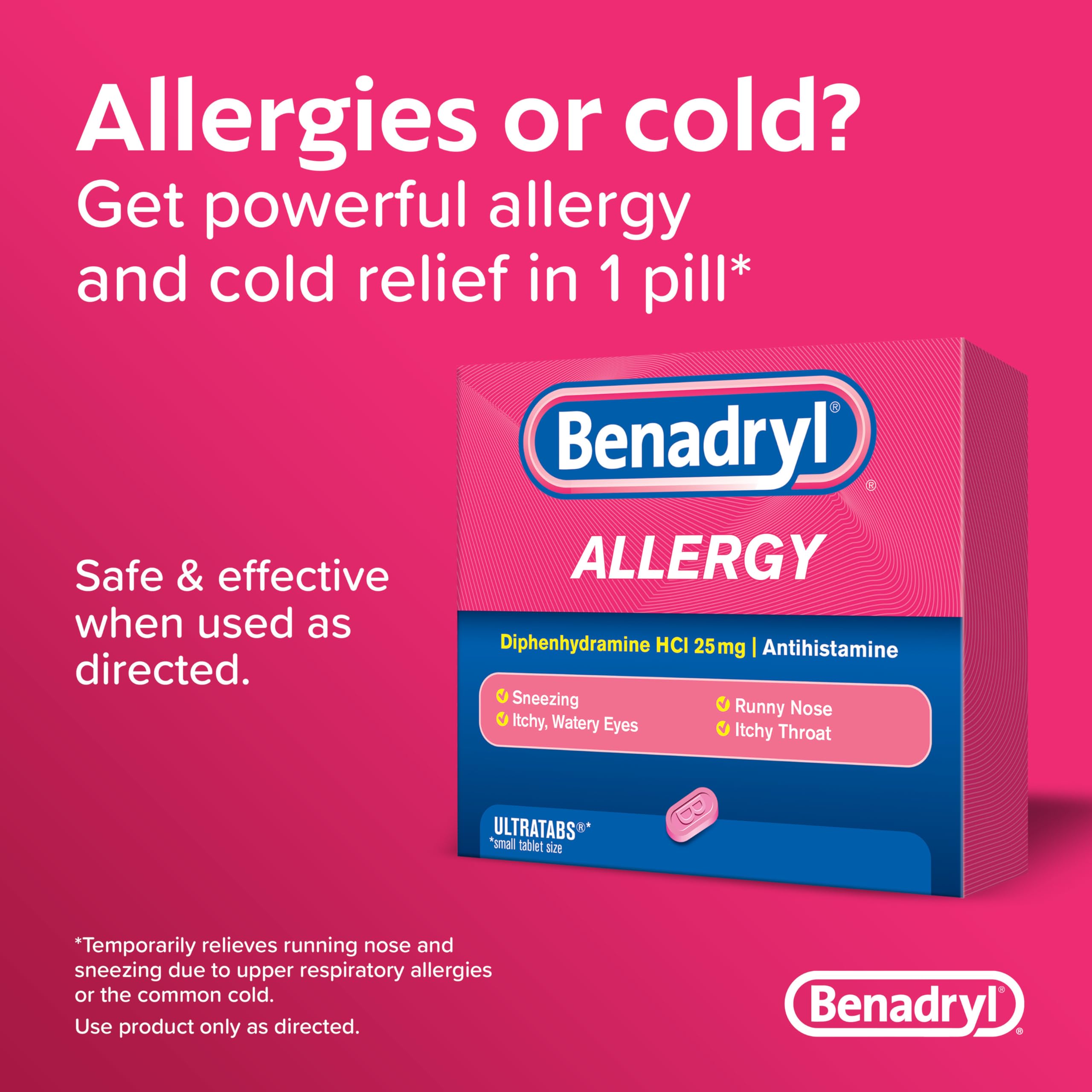 Benadryl Ultratabs Antihistamine Allergy Relief Tablets, Diphenhydramine HCl 25mg, 24 Count (Pack of 2)