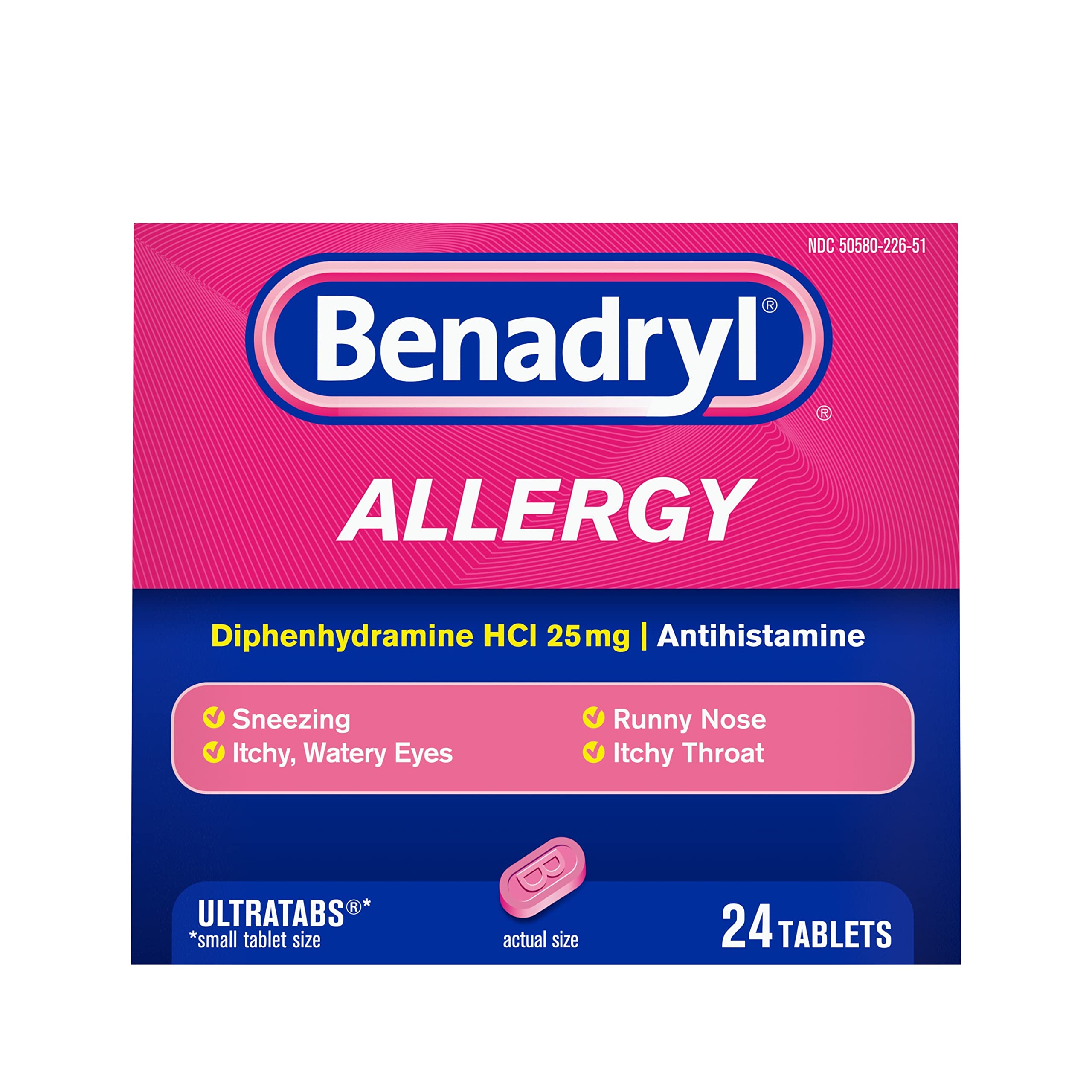 Benadryl Ultratabs Antihistamine Allergy Relief Tablets, Diphenhydramine HCl 25mg, 24 Count (Pack of 2)