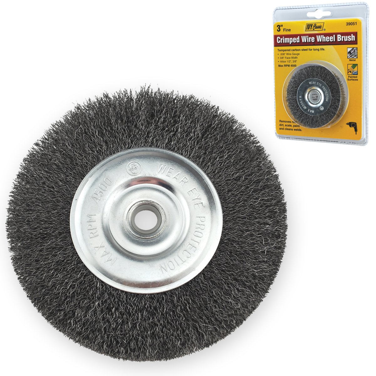 IVY Classic 39051 3-Inch x 1/2 - 3/8-Inch Arbor, Carbon Steel Crimped Wire Wheel Brush - 0.008-Inch Fine, 1/Card