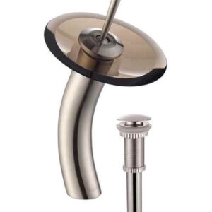 Single Lever Vessel Glass Waterfall Bathroom Faucet Satin Nickel with Brown Clear Glass Disk and Matching Pop Up Drain