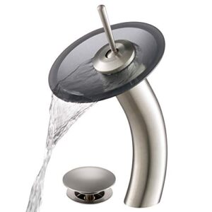 single lever vessel glass waterfall bathroom faucet satin nickel with black frosted glass disk and matching pop up drain