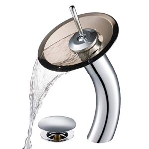 single lever vessel glass waterfall bathroom faucet chrome with brown clear glass disk and matching pop up drain