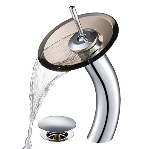 Single Lever Vessel Glass Waterfall Bathroom Faucet Chrome with Brown Clear Glass Disk and Matching Pop Up Drain