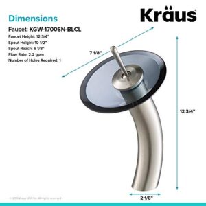 KRAUS Tall Waterfall Bathroom Faucet for Vessel Sink with Clear Black Glass Disk, Satin Nickel KGW-1700SN-BLCL