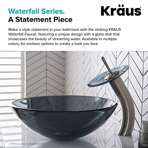 Single Lever Vessel Glass Waterfall Bathroom Faucet Satin Nickel with Black Frosted Glass Disk and Matching Pop Up Drain