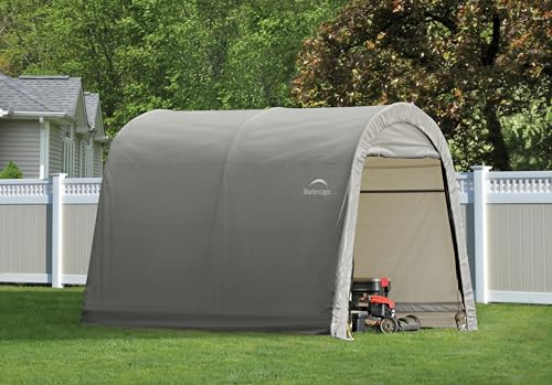 ShelterLogic 10' x 10' Shed-in-a-Box All Season Steel Metal Round Roof Outdoor Storage Shed with Waterproof Cover and Heavy Duty Reusable Auger Anchors, grey