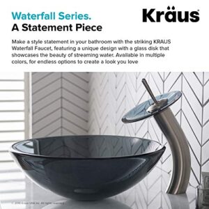 KRAUS Tall Waterfall Bathroom Faucet for Vessel Sink with Clear Black Glass Disk, Satin Nickel KGW-1700SN-BLCL