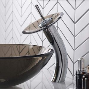 Single Lever Vessel Glass Waterfall Bathroom Faucet Chrome with Brown Clear Glass Disk and Matching Pop Up Drain