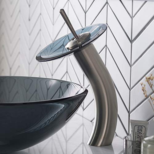 Single Lever Vessel Glass Waterfall Bathroom Faucet Satin Nickel with Black Frosted Glass Disk and Matching Pop Up Drain