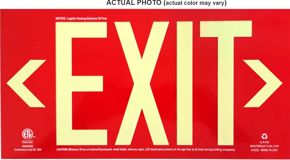 Photoluminescent Exit Sign Red - Aluminum - UL 924 Code Approved/IBC/NFPA 101 | NightBright USA Part Number ULR-050