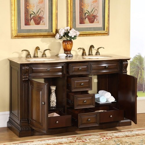 Silkroad Exclusive Hyp-0712-T-Uic-60 Travertine Stone Top Double Sink Bathroom Vanity with Bath Furniture Cabinet, 60", Medium Wood