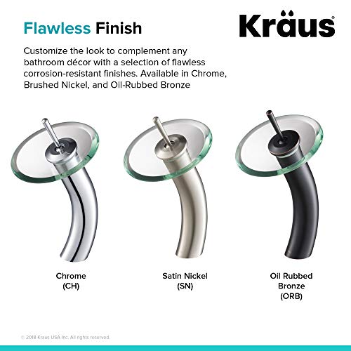 KRAUS Tall Waterfall Bathroom Faucet for Vessel Sink with Clear Black Glass Disk, Satin Nickel KGW-1700SN-BLCL