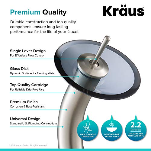 KRAUS Tall Waterfall Bathroom Faucet for Vessel Sink with Clear Black Glass Disk, Satin Nickel KGW-1700SN-BLCL