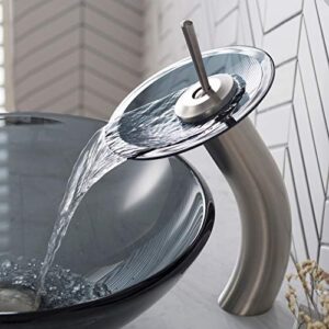 Single Lever Vessel Glass Waterfall Bathroom Faucet Satin Nickel with Black Clear Glass Disk and Matching Pop Up Drain