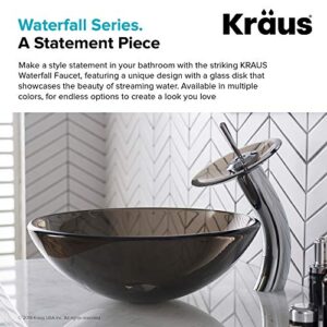 Single Lever Vessel Glass Waterfall Bathroom Faucet Chrome with Brown Clear Glass Disk and Matching Pop Up Drain