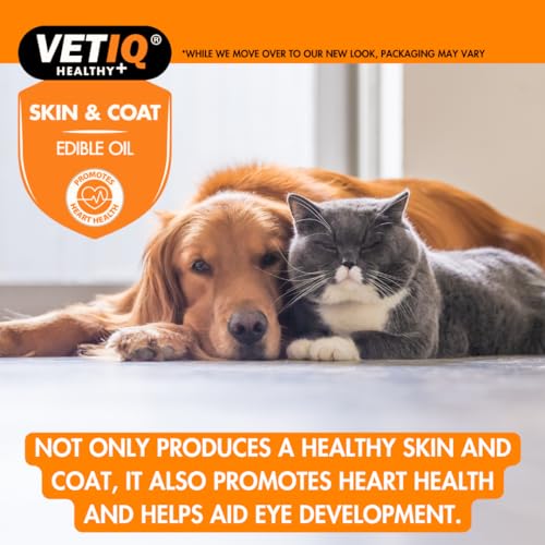 VetIQ Skin & Coat, 250ml, Promotes Healthy Skin & Coat with Omega 3 Oil, Dog Grooming Supplement Helps Reduce Shedding, Dog & Cat Supplements for Dry, Itchy Skin