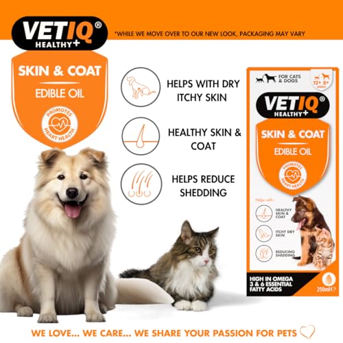 VetIQ Skin & Coat, 250ml, Promotes Healthy Skin & Coat with Omega 3 Oil, Dog Grooming Supplement Helps Reduce Shedding, Dog & Cat Supplements for Dry, Itchy Skin