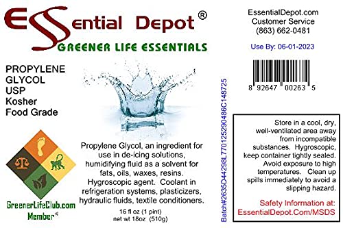 Propylene Glycol - Food Grade - USP - Kosher - 18 oz net wt in a 1 Pint Safety Sealed HDPE Container with Resealable Cap