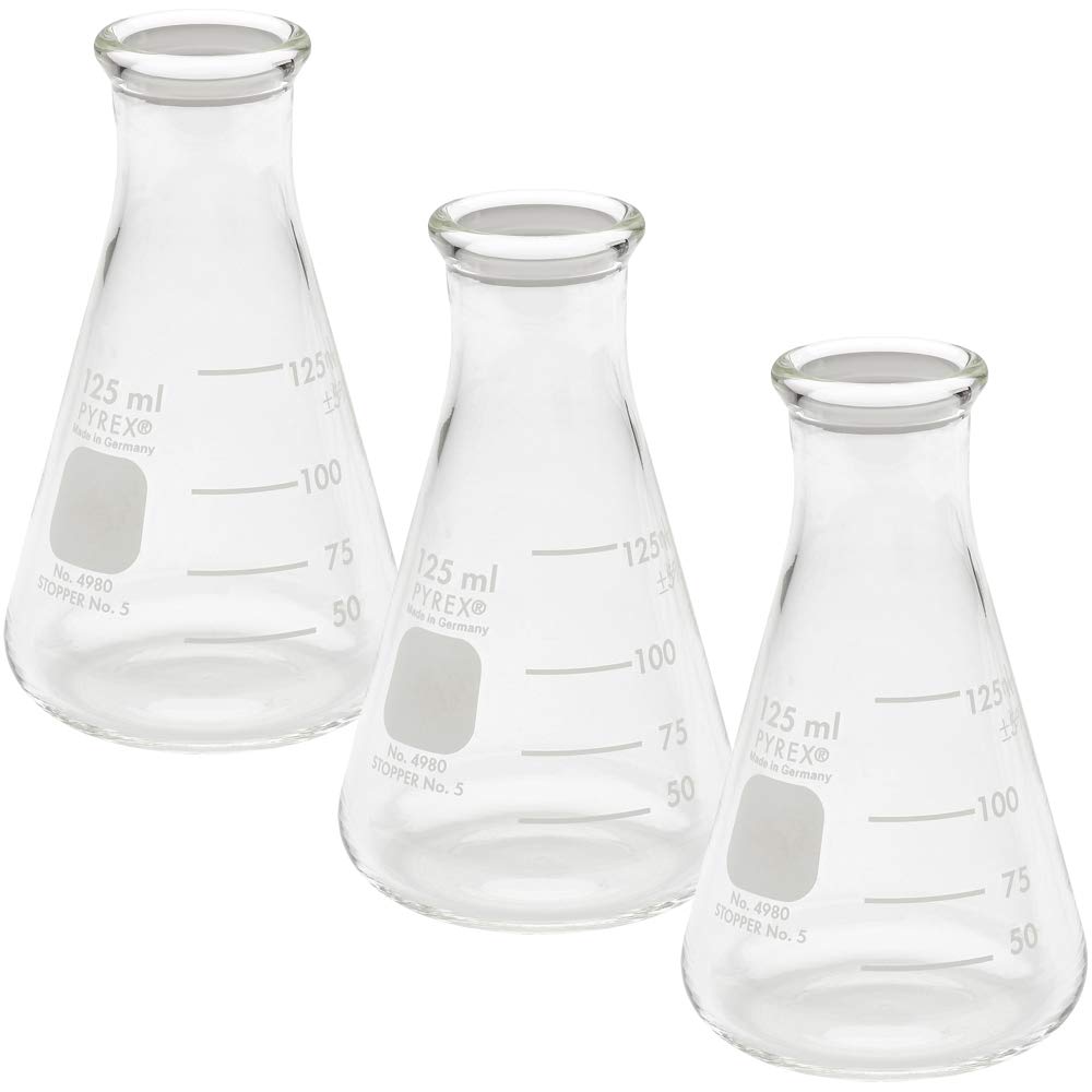 PYREX 125mL Narrow Mouth Erlenmeyer Flasks with Heavy Duty Rim, 3/pk