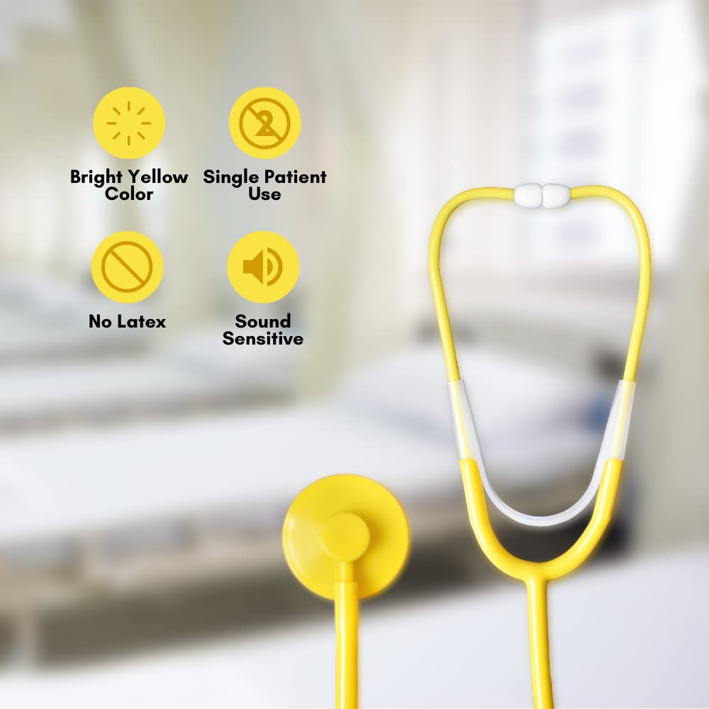 Disposable Stethoscope, Yellow, 10-pack, Single Patient Use, Plastic, 22" PVC Y-Tubing, Lightweight for Home, Education, Doctors, Nurses