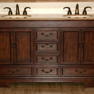 Silkroad Exclusive HYP-0715-T-UIC-60 Travertine Stone Double Sink Bathroom Vanity with Furniture Bath Cabinet, 60", Medium Wood